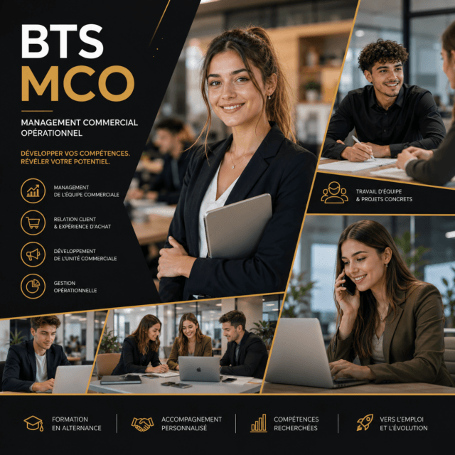 Étudiants du BTS MCO de Horus Formation en situation d'apprentissage collaboratif et de gestion commerciale dans un environnement professionnel moderne.