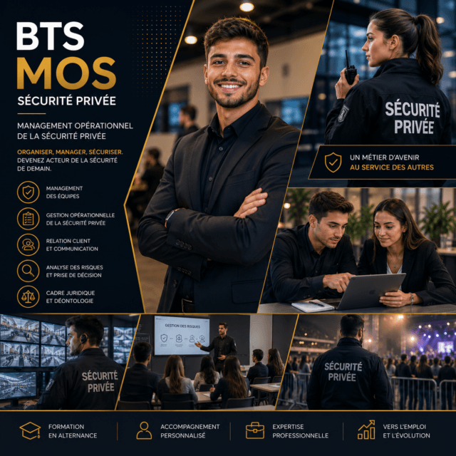 Étudiants et professionnels du BTS MOS de Horus Formation en situation de management et de supervision dans le domaine de la sécurité privée.