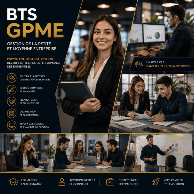 Étudiants du BTS GPME de Horus Formation en situation de travail collaboratif et de gestion d'entreprise dans un environnement professionnel moderne.