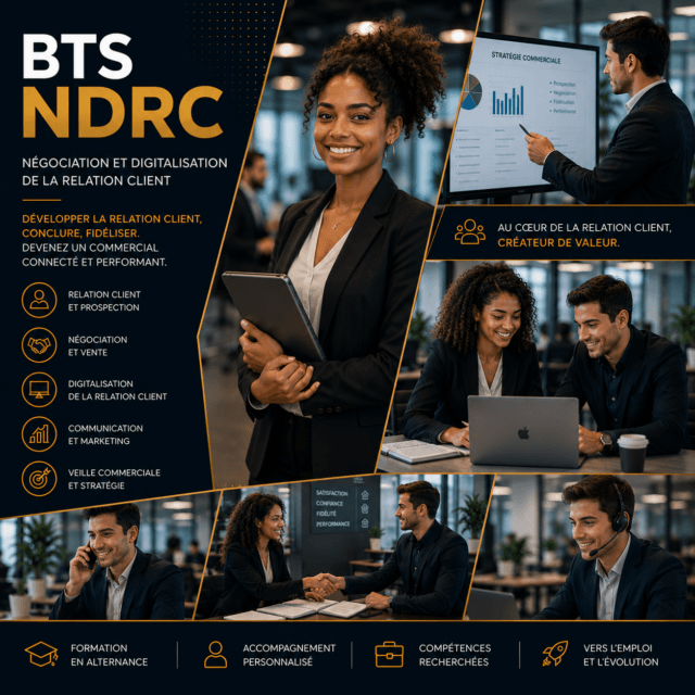 Étudiants du BTS NDRC d'Horus Formation en situation de négociation commerciale et de gestion de la relation client dans un environnement professionnel moderne et connecté.