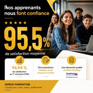 Visuel présentant les chiffres clés de Horus Formation avec un taux de satisfaction moyen des apprenants de 95,5 % et la certification Qualiopi.
