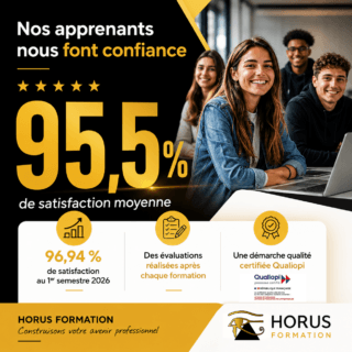 Visuel présentant les chiffres clés de Horus Formation avec un taux de satisfaction moyen des apprenants de 95,5 % et la certification Qualiopi.